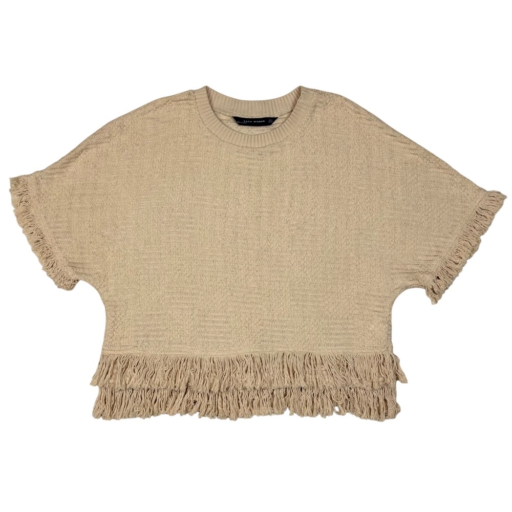 Zara Woman Fringe Knit Crop Top Boho Textured Short Sleeve Womens M Tan Layer